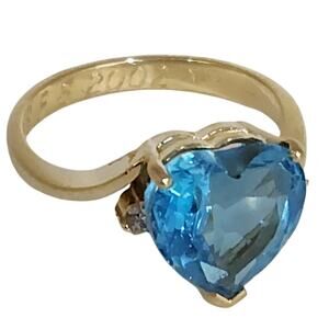 14k Yellow Gold Heart Cut Blue Topaz Ring With Diamond Accent